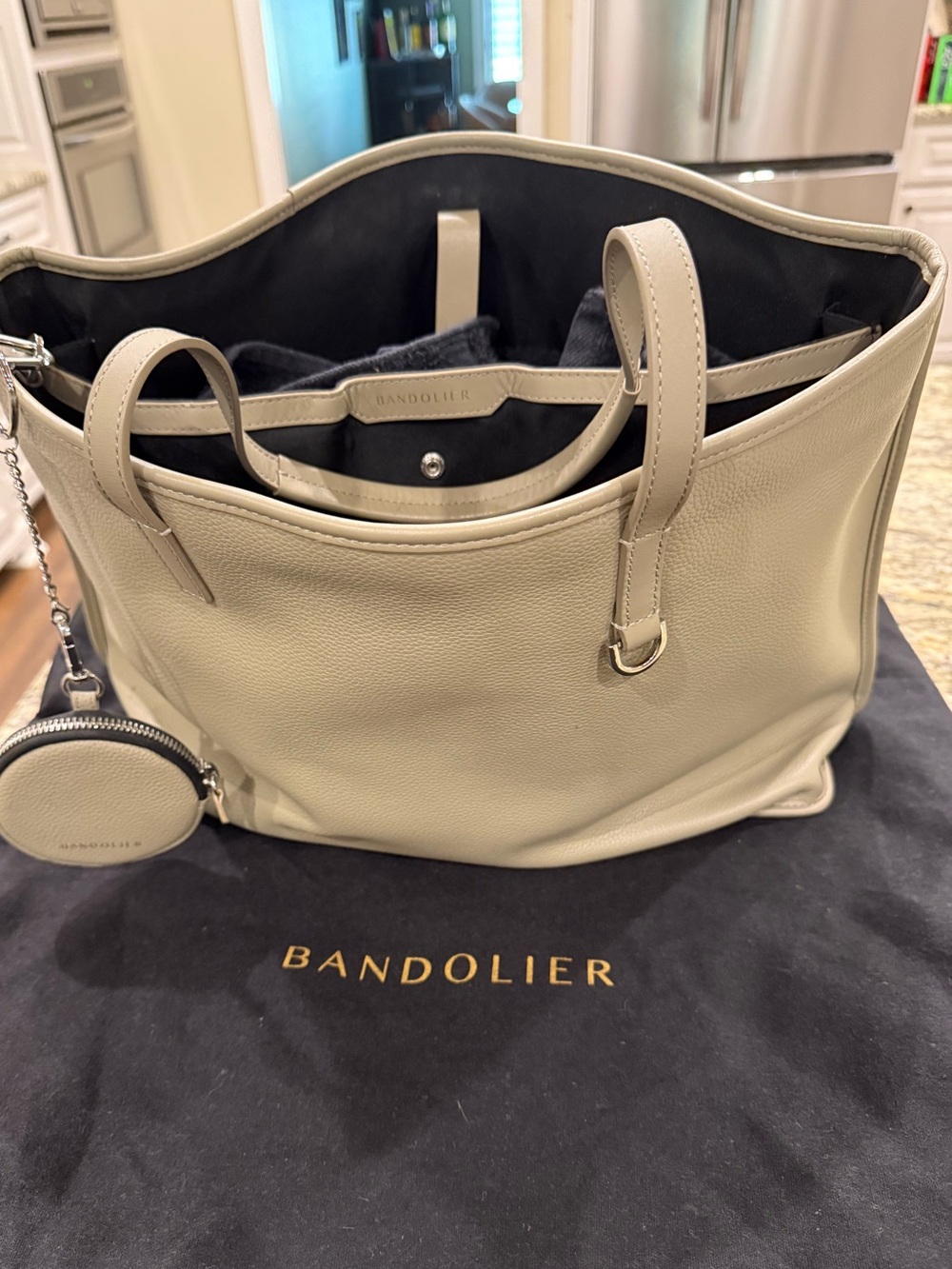 Bandolier Pebbled Leather Tote in Light Beige with Coin Pouch